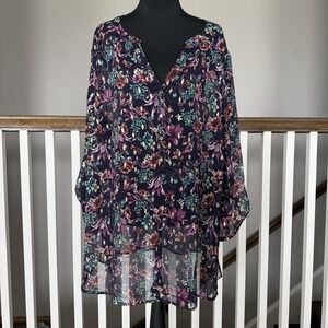 Sara Michelle Plus 3XL Sheer Purple Gold Floral Top Blouse Cottage Whimsigoth